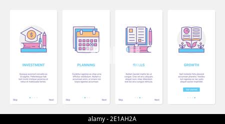 Investition in Bildung Vektordarstellung. UX, UI Onboarding mobile App Seite Bildschirm mit Line Money Investitionen in Wachstum von Fähigkeiten, Studium Ausbildung in der Universität, Planung Graduierung Symbole Stock Vektor