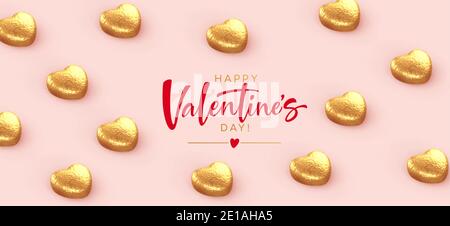 Hintergrund für Valentinstag Banner, Poaster, Postkarte aus herzförmigen Pralinen in Goldfolie mit der Aufschrift Happy Valentines Day eingewickelt Stock Vektor