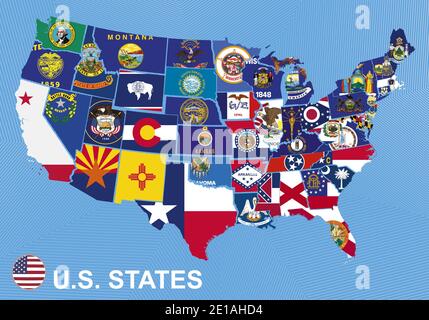 US-Karte mit Staatsflaggen, auf blauem Hintergrund Stock Vektor