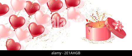 Banner aus rosa und roten herzförmigen Ballons auf weißem Hintergrund. Luftballons und Geschenkbox mit Schleife. Romantische Illustration für Valentinstag und Frauen Stock Vektor