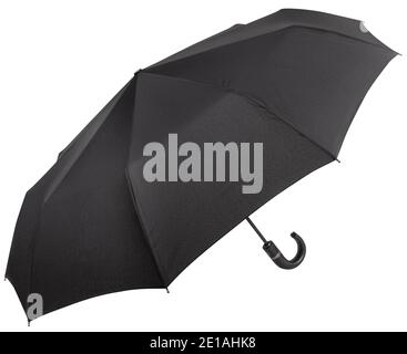 Geöffneten schwarzen Regenschirm isoliert auf weißem Hintergrund Stockfoto