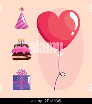Ballon Helium schwimmend mit Herzform und Set-Icons Stock Vektor