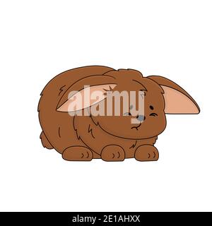 Flauschiges Kaninchen ist verärgert und unglücklich mit etwas, Tier sitzt auf dem Boden, Ohren sind unten, Augen sind geschlossen Stock Vektor