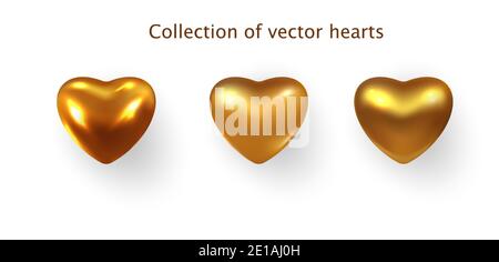 Goldfarbene Herzen realistische Dekoration 3d-Objekt. Set von romantischen Symbol der Liebe Herz isoliert. Vektorgrafik Stock Vektor