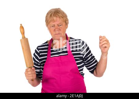 Ältere Frau mit Pin Roller isoliert auf weißem Hintergrund Stockfoto