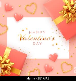 Alles Liebe zum Valentinstag Hintergrund mit quadratischen Papier Banner. Realistische Geschenkboxen mit goldener Schleife, rosa 3d-Luftballons Herzen und goldenen Herzen mit glitt Stock Vektor