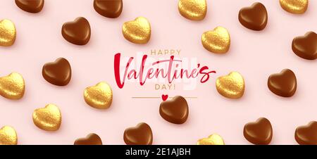 Hintergrund für Valentinstag Banner, Poaster, Postkarte aus herzförmigen Pralinen in Goldfolie mit der Aufschrift Happy Valentines Day eingewickelt Stock Vektor