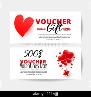 Valentinstag Liebe Einkaufsgutschein Geschenkkarten Vorlage Set mit realistischen süßen Liebesform Dekor und 500-Dollar-Nummer. Gutschein für Rabattkarte. Stock Vektor