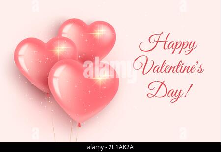 Grußkarten-Banner zum Valentinstag und Internationalen Frauentag. Drei pinke Herzballons mit Glitzern. Auf einem rosa Hintergrund. 3d-Reali Stock Vektor