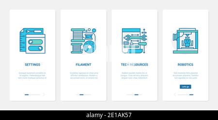 Vektordarstellung für Robotertechnik-Einstellungen. UX, UI Onboarding mobile App Seite Bildschirm mit Linie Tech Ressourcen Geräte Symbole, Ingenieur technische Tools und Roboter Engineering Fertigung Stock Vektor