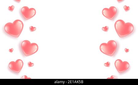 Poster mit rosa Herzen Grenze auf weißem Hintergrund. Postkarte zum Valentinstag und Internationalen Frauentag. In einem 3D-realistischen Stil. Stock Vektor