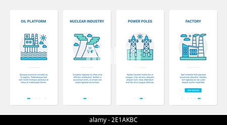 Vektorgrafik für die Energieproduktion, Öl- und Gasindustrie. UX, UI Onboarding mobile App-Seite Bildschirm mit Öl-Produktionsplattform Symbole, Kernkraftwerk, elektrische Energie Stromerzeugung Stock Vektor