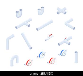 Vektor isometrischer Satz von Rohrleitungen und andere Elemente auf weiß isoliert.Isometrische Abbildung. Stock Vektor