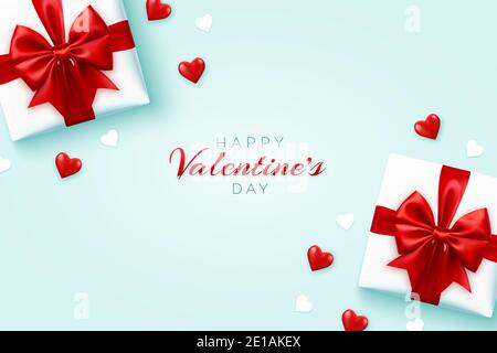 Alles Liebe zum Valentinstag Banner. Realistische Geschenkschachteln mit roter Schleife und leuchtend roten 3D Luftballons Herzen und weißen Papier Herzen auf blauem Hintergrund. Stock Vektor