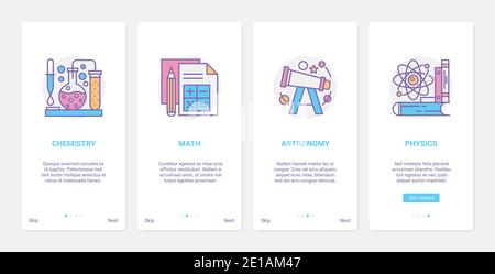Schulfächer, Bildung Vektor Illustration. UX, UI Onboarding mobile App Seite Bildschirm pädagogische Set mit Linie Naturwissenschaft, Chemie Mathematik Astronomie Physik Wissen Schulungssymbole Stock Vektor