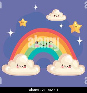 Niedlichen Regenbogen mit Sternen und Wolken Aufkleber kawaii Zeichen Stock Vektor