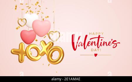 Designkonzept für einen Poster Hintergrund zum Valentinstag mit Gold, roten verschiedenen Herzformen und einer Inschrift Xoxo aus Goldfolie Luftballons Stock Vektor