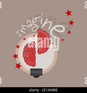 Menschliches Gehirn in einer Glühbirne mit Text Imagine. Kreative Idee und Imagination Konzept. Flache Illustration. Stock Vektor