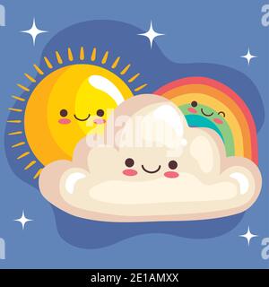 Niedlichen Regenbogen und Wolke mit Sonne Aufkleber kawaii Zeichen Stock Vektor
