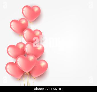 Grußkarten-Banner zum Valentinstag. Bündel von rosa Herz-förmigen Ballons. Auf einem hellen Hintergrund. Stock Vektor