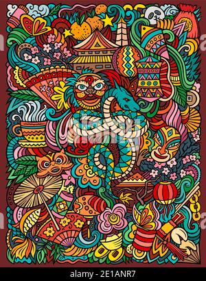 Chinesische Neujahr Hand gezeichnet Vektor-Doodles Illustration. Stock Vektor