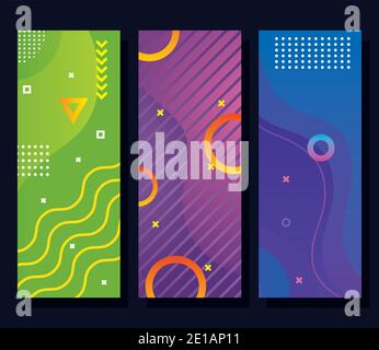 Drei Set Farben memphis abstrakte Hintergründe mit gemischt Stock Vektor