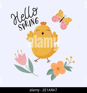 Set von Frühlingselementen - Küken, Blumen, Schmetterling Stock Vektor