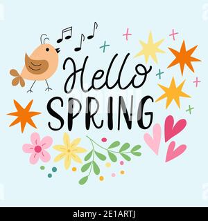 Set von Frühlingselementen - Blumen, Blätter, Vogel Stock Vektor