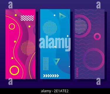 Drei Set Farben memphis abstrakte Hintergründe mit Kreisen Formen Stock Vektor