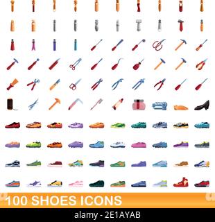 100 Schuhe Icons Set. Cartoon Illustration von 100 Schuhe Symbole Vektor-Set isoliert auf weißem Hintergrund Stock Vektor