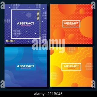 Vier Set Farben memphis abstrakte Hintergründe mit Quadraten und Rechtecken Stock Vektor