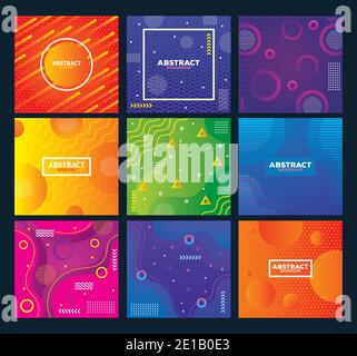 Neun Set Farben memphis abstrakte Hintergründe Stock Vektor