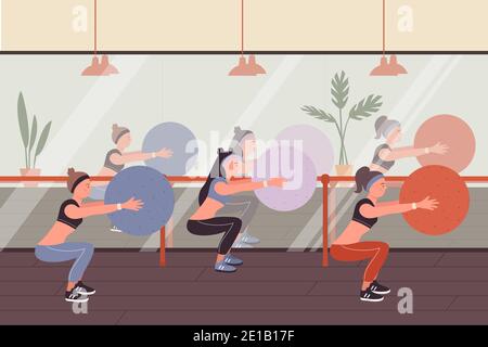 Fitness-Menschen bei Sporttraining Vektor-Illustration. Cartoon sportliche Frau Gruppe von Charakteren in Sportswear hocken, tun Ballübungen in modernen Studio-Fitnessraum Interieur, junge Dame Training Hintergrund Stock Vektor