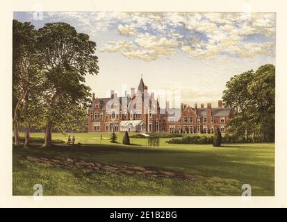 Bagshot Park, Surrey, England. TUDOR Gotik-Stil rote Backsteinresidenz im Jahr 1879 erbaut. Hauptresidenz von Prinz Arthur, Duke of Connaught und Strathearn. Farbholzschnitt von Benjamin Fawcett im Baxter-Prozess einer Illustration von Alexander Francis Lydon aus Reverend Francis Orpen Morris malerischen Ansichten der Sitze von Adligen und Herren aus Großbritannien und Irland, William Mackenzie, London, 1880. Stockfoto