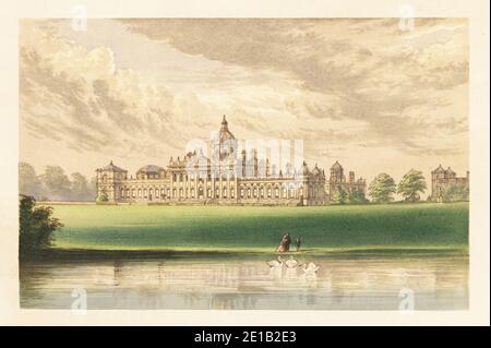 Castle Howard, Yorkshire, England. Barocke Herrenhaus mit zentraler Kuppel im 18. Jahrhundert von John Vanbrugh für Charles Howard, 3. Earl of Carlisle gebaut. Westflügel im palladianischen Stil, der 1811 von Charles Heathcote Tatham vollendet wurde. Farbholzschnitt von Benjamin Fawcett im Baxter-Prozess einer Illustration von Alexander Francis Lydon aus Reverend Francis Orpen Morris malerischen Ansichten der Sitze von Adligen und Herren aus Großbritannien und Irland, William Mackenzie, London, 1880. Stockfoto