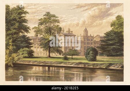 Wilton House, Wiltshire, England. Herrenhaus im palladianischen Stil von Inigo Jones und Isaac de Caus, erbaut im 17. Jahrhundert um einen zentralen Tudor-Turm. In der Regency-Ära von James Wyatt im gotischen Stil umgebaut. Farbholzschnitt von Benjamin Fawcett im Baxter-Prozess einer Illustration von Alexander Francis Lydon aus Reverend Francis Orpen Morris malerischen Ansichten der Sitze von Adligen und Herren aus Großbritannien und Irland, William Mackenzie, London, 1880. Stockfoto