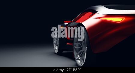 Rückansicht des futuristischen schnellen Sportwagens im Studiolicht. Brandloses Konzeptfahrzeug. 3d-Rendering Stockfoto