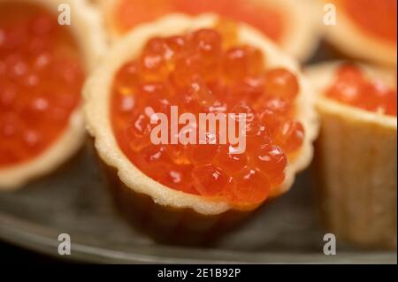 Tartlets mit Lachskaviar auf einer Platte. Nahaufnahme, selektiver Fokus Stockfoto