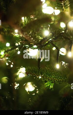 Verschwommene Lichterketten im weihnachtsbaum Stockfoto