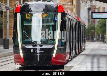 Das Stadtbahnnetz von Sydney (oder 'Sydney Light Rail') ist ein neu errichtetes öffentliches Nahverkehrssystem, das die Stadt Sydney, Australien, bedient. Es besteht derzeit aus drei Passagierstrecken: Die Linien L1 (City to Dulwich Hill), L2 (City to Randwick) und L3 (City to Kingsford). Im Geschäftsjahr 2020 (2019 bis 2020) wurden mehr als 12 Millionen Passagierfahrten auf dem Netz durchgeführt. Im Bild: Das Sydney Light Rail System auf der George Street am Wynyard Bahnhof im Stadtzentrum von Sydney. Stockfoto