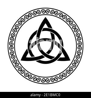 Triquetra mit Kreis in einem kreisförmigen Spiralrahmen. Keltischer Knoten, eine dreieckige Figur, in alten christlichen Ornamenten verwendet, umgeben von Grenze. Stockfoto