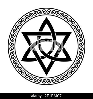 Triquetra mit Dreieck in einem kreisförmigen Spiralrahmen. Keltischer Knoten, eine dreieckige Figur, verwendet in der alten christlichen Ornamentik. Stockfoto