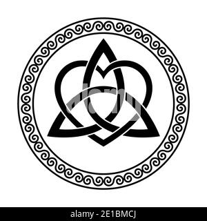 Triquetra mit Herz-Symbol, in einem kreisförmigen Spiralrahmen. Keltischer Knoten, dreieckige Figur, verwendet in alter christlicher Ornamentik. Stockfoto