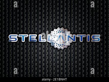 Niederlande, januar 2021, neues Symbol der Stellantis Car Group, PSA und FCA Fusion der Industrien, Illustration Stockfoto