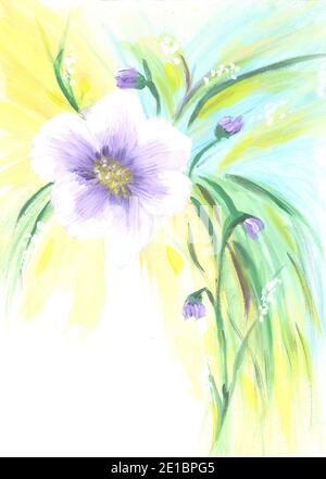 Hand Malerei Frühling Blumen Aquarell Komposition. Handgearbeitete Aquarellillustration mit Maiglöckchen und blauen und weißen Blüten Stockfoto