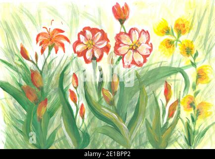 Landschaft von bunten Blumen Aquarell Malerei. Original Gemälde von Blumen, schöne Sommerfeld von Blumen. Stockfoto