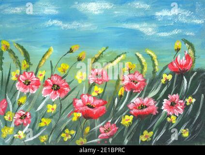 Landschaft von bunten Blumen Aquarell Malerei. Original Gemälde von Blumen, schöne Sommerfeld von Blumen. Stockfoto