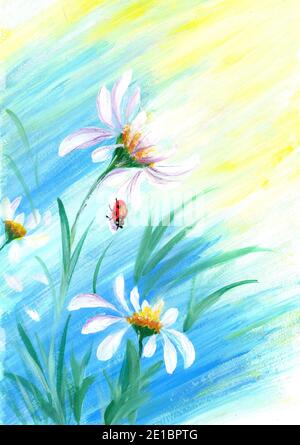 Kleine rote Marienkäfer auf Kamillenblüten. Aquarell handgemachte Malerei Illustration. Stockfoto