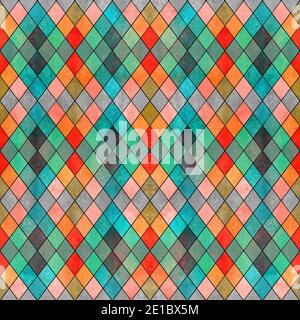 Watercolor argyle abstract geometric plaid seamless pattern with black line contour. Watercolour hand drawn bright colorful texture background. Print Stock Photo