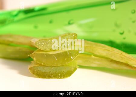 Schneiden Sie Stücke von Aloe Vera Blatt. Hausgemachtes medizinisches Aloe-Gel. Stockfoto